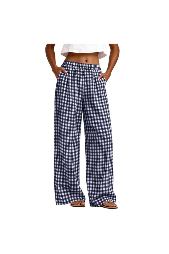 Women's Gingham Plaid Wide Leg Pants Elastic High Waist Casual Loose Trousers with Pockets Lightweight Summer Lounge Pants for Daily Navy