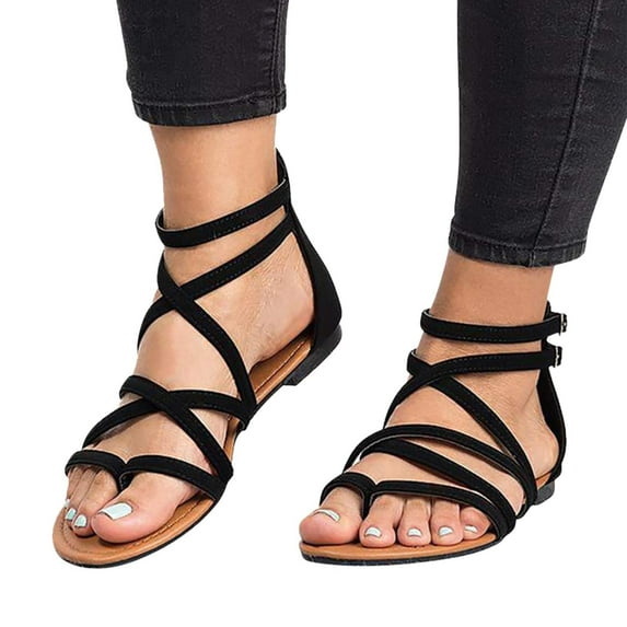 Miluxas Women's Gladiator Strap Sandals Flat Fisherman Thong Cross Strappy Sandals Black