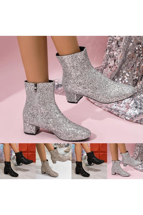 Women's Glitter Boots Sparkly High Heel Sequin Chunky Ankle Boots Silver 9.5(43)