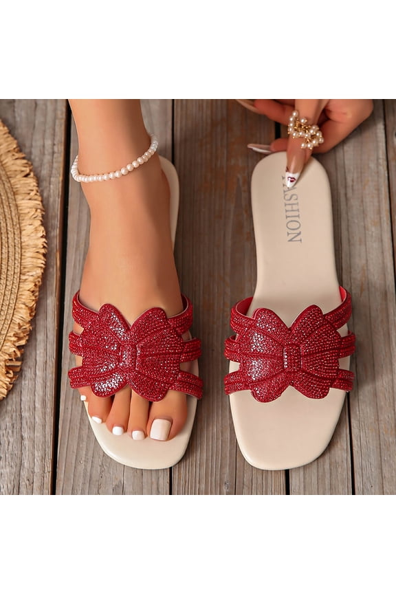 Women's Glitter Flat Slide Sandals - Dressy Open-Toe Summer Sandals with Rhinestone Knot Red 7.5(40)