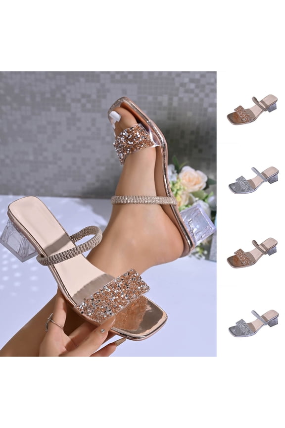 Women's Glitter Rhinestone Heeled Sandals, Open-Toe Two-Band Mules with Clear Block Heel, Elegant Sparkly Slides Silver 9.5(43)