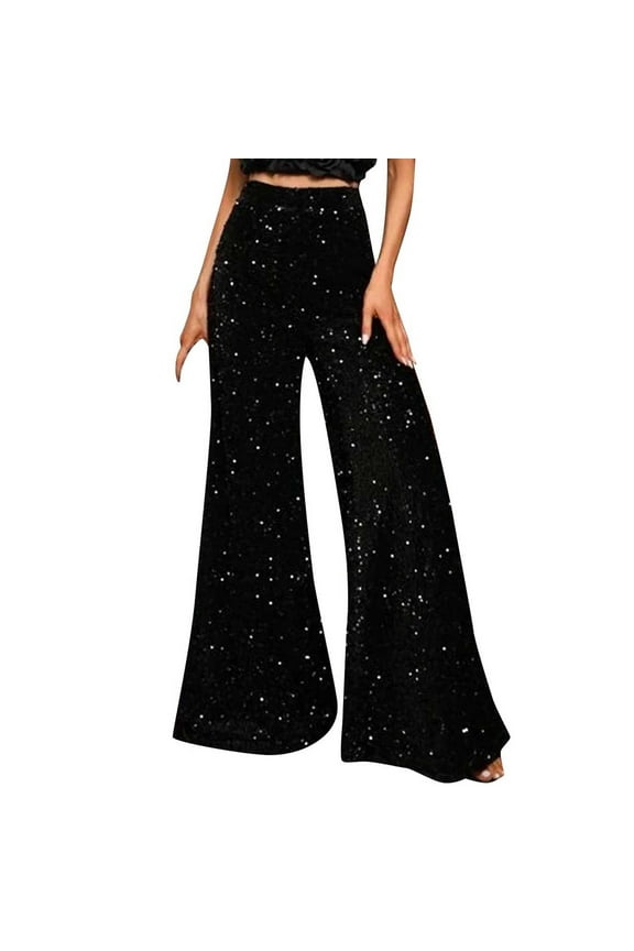 Women's Glitter Sequin Wide Leg Palazzo Pants High Waist Bell Bottoms Party Flared Trousers Black 10(XL)