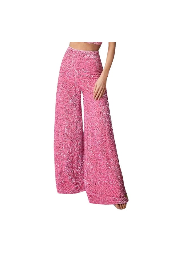 Women's Glitter Sequin Wide Leg Palazzo Pants High Waist Bell Bottoms Party Flared Trousers Pink 8(L)