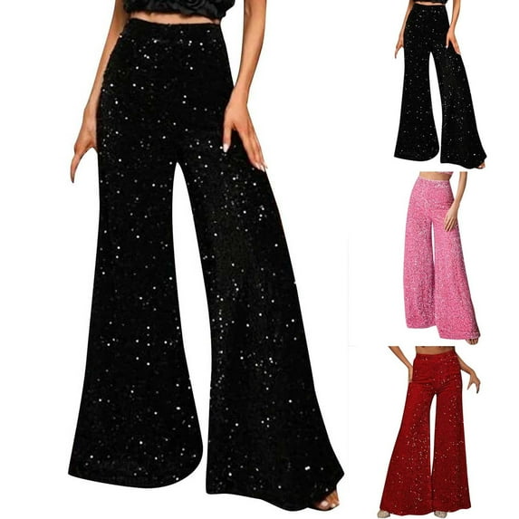 Miluxas Women's Glitter Sequin Wide Leg Palazzo Pants High Waist Bell Bottoms Party Flared Trousers Red 10(XL)