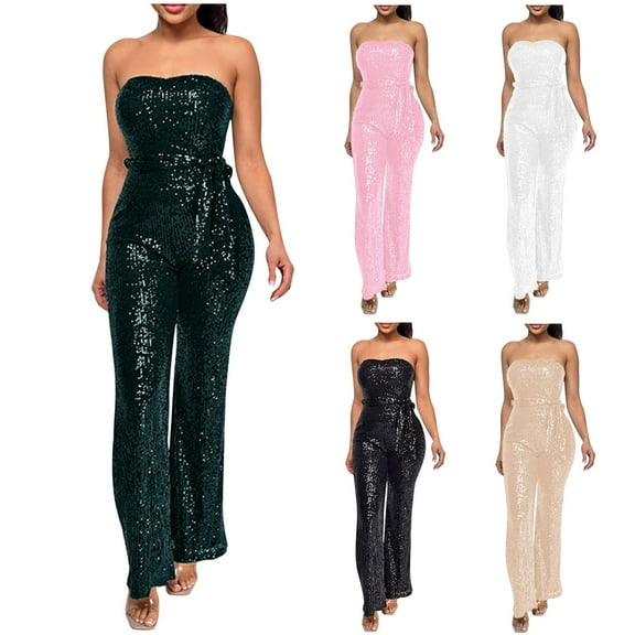 Miluxas Women's Glitter Strapless Tube Jumpsuit Sleeveless Open Back Solid Wide Leg Jumpsuit Romper