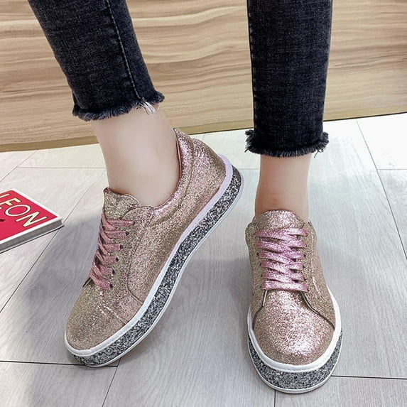 Miluxas Women's Glitter Tennis Sneakers Neon Dressy Sparkly Sneakers Rhinestone Bling Wedding Bridal Shoes Shiny Sequin Shoes A-Pink 7.5(40)