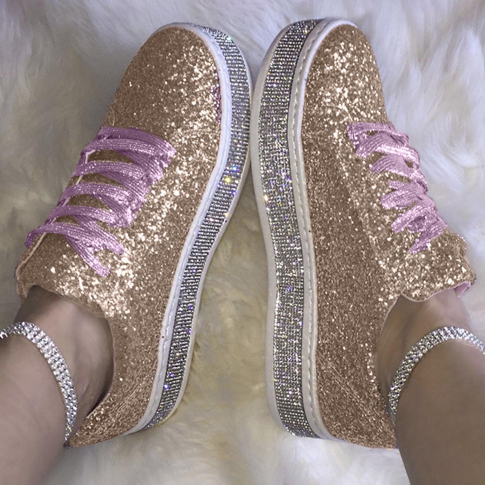 Miluxas Women's Glitter Tennis Shoes Sparkly Rhinestone Pink