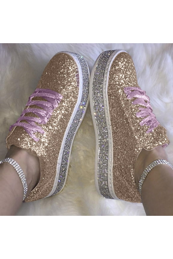 Women's Glitter Tennis Sneakers Neon Dressy Sparkly Sneakers Rhinestone Bling Wedding Bridal Shoes Shiny Sequin Shoes Pink 8.5(41)