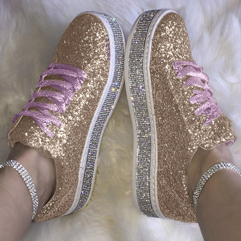 Miluxas Women's Glitter Tennis Sneakers Neon Dressy Sparkly Sneakers  Rhinestone Bling Wedding Bridal Shoes Shiny Sequin Shoes Clearance Pink  9.5(43)