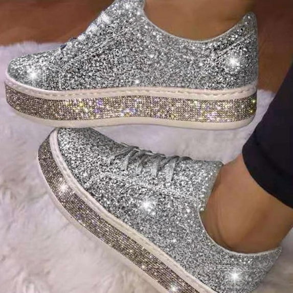 Miluxas Women's Glitter Tennis Sneakers Neon Dressy Sparkly Sneakers Rhinestone Bling Wedding Bridal Shoes Shiny Sequin Shoes Silver-B 9.5(43)
