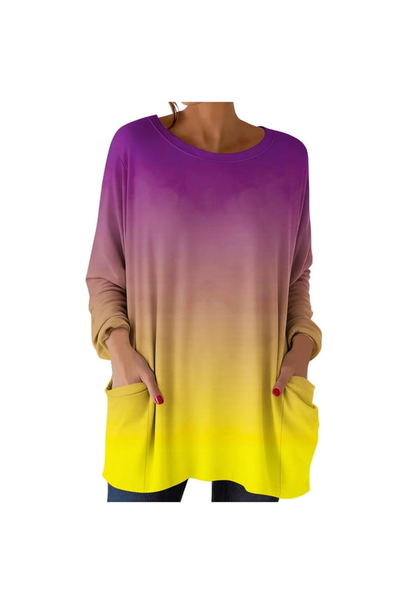 Women's Gradient Long-sleeved Round-neck Fashion Loose Top with Pockets Yellow