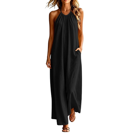 Miluxas Women's Halter Neck Sleeveless Maxi Dress Pleated Front A Line Looes Flowy Long Dress with Pockets Lightweight Beach Vacation Outfits Black
