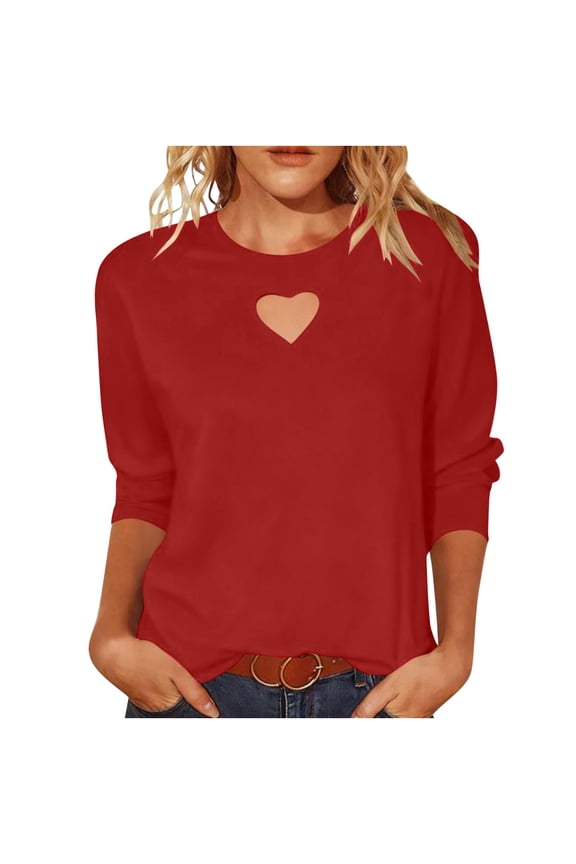 Women's Heart Cut Out Oversized Sweatshirts 3/4 Sleeve Pullover Tops Red XL(XL)