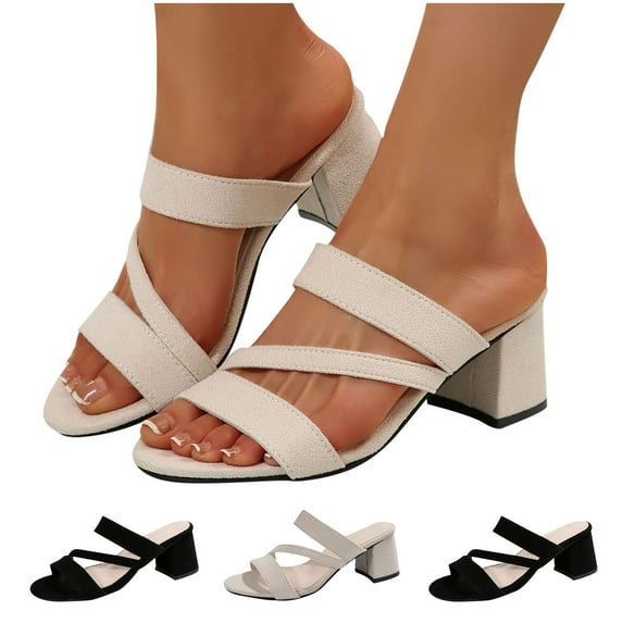 Miluxas Women's Heeled Sandals Two Strap Chunky High Heels Square Open Toe Slip on Comfortable Heeled Sandals for Women Dressy White 9(42)