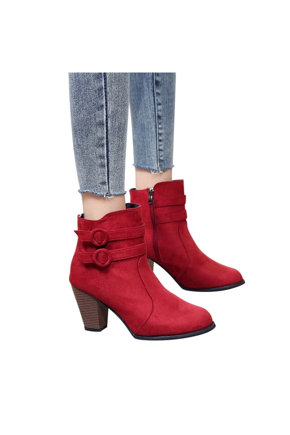 Women's High Chunky Heel Chelsea Ankle Boots Slip On Fall Heeld Booties Shoes Wine 7.5(40)