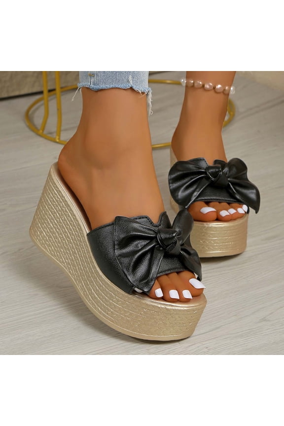 Women's High Heeled Bow-Knot Platform Wedge Beach Sandals Slippers Summer Sandals Black 5.5(36)