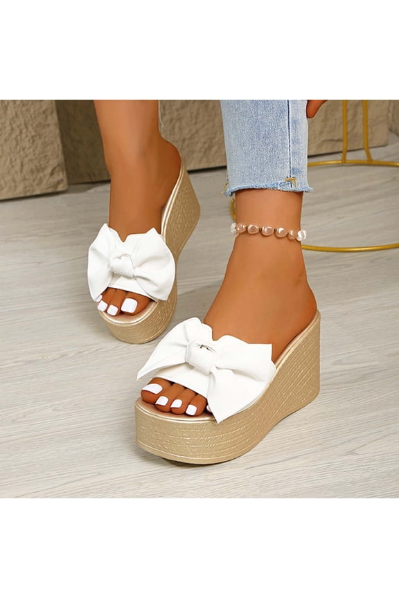 Women's High Heeled Bow-Knot Platform Wedge Beach Sandals Slippers Summer Sandals White 6.5(38)
