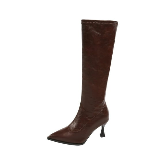 Miluxas Women's High Heels Knee Hgih Boots Thigh High Pointed Toe Side Zipper Stiletto Long Fall Winter Boots Brown 5.5(36)