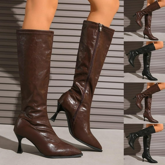Miluxas Women's High Heels Knee Hgih Boots Thigh High Pointed Toe Side Zipper Stiletto Long Fall Winter Boots Brown 9(42)