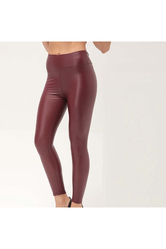Women's High Waist Comfy Faux Leather Leggings Tights Stretchy Pleather Pants Wine 16(XXXXL)