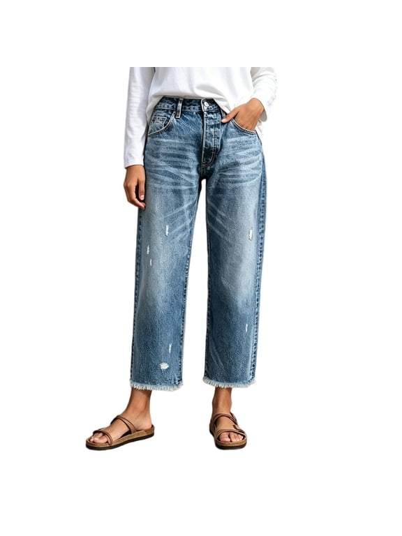 Women's High Waist Jeans Vintage Wash Straight Leg Cropped Jeans Ripped Hem Loose Casual Y2K Denim Pants with Pockets for Streetwear Blue