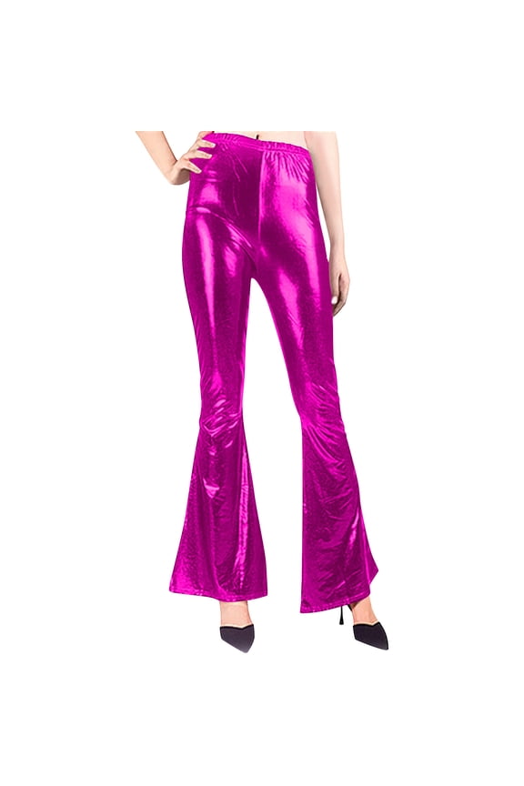 Women's High Waist Pants Bright Flare Bell Bottom Trousers Disco Fashion Stretchy Plus Size Leggings Hot Pink S(S)