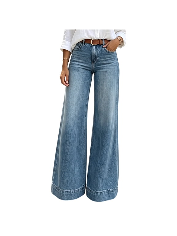 Women's High Waist Wide Leg Jeans Classic Blue Vintage Washed Flare Denim Pants Trendy Cuffed Hem Y2K Street Casual Jeans with Pockets Blue