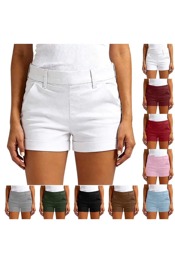 Women's High Waisted Cuffed Chino Shorts Casual Stretch Comfy Short Pants with Pockets for Summer White