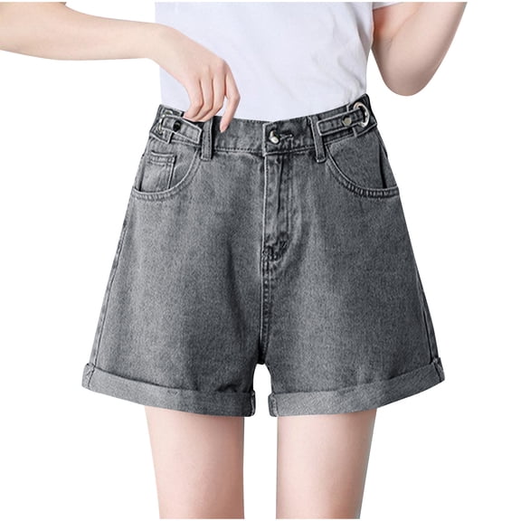 Miluxas Women's High Waisted Denim Shorts Rolled Hem Wide Leg Casual Jean Shorts with Pockets Gray-A XXXL(XXXL)
