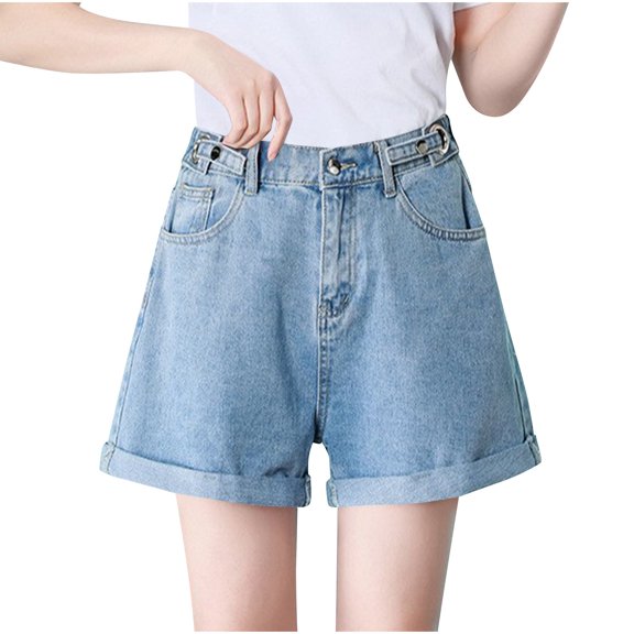 Miluxas Women's High Waisted Denim Shorts Rolled Hem Wide Leg Casual Jean Shorts with Pockets Light Blue-A L(L)