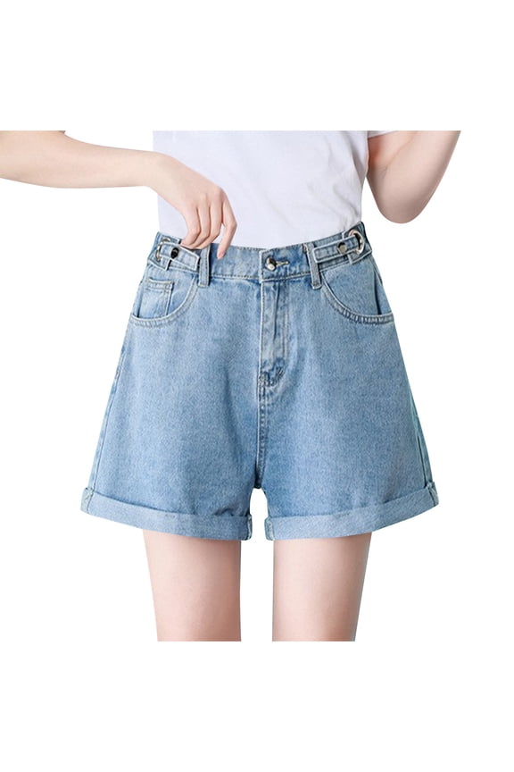 Women's High Waisted Denim Shorts Rolled Hem Wide Leg Casual Jean Shorts with Pockets Light Blue-A L(L)