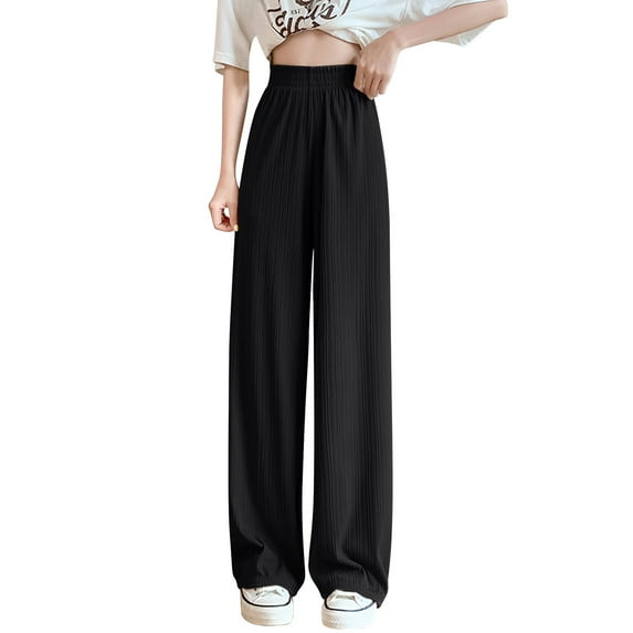 Miluxas Women's High Waisted Wide Leg Trousers, Ice Silk Solid Color Casual Long Pants, Loose Comfort Fit Straight Leg Pants Black S(S)