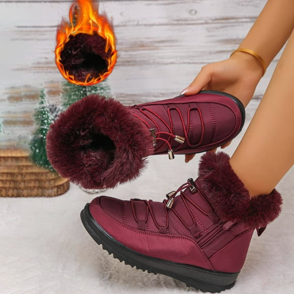 Miluxas Women's Hiking Boots Plush Warm Cotton Shoes Wear-resistant Anti-slip Soles Snow Boots Cotton Shoes Outdoor Sports Shoes Wine 8.5(41)