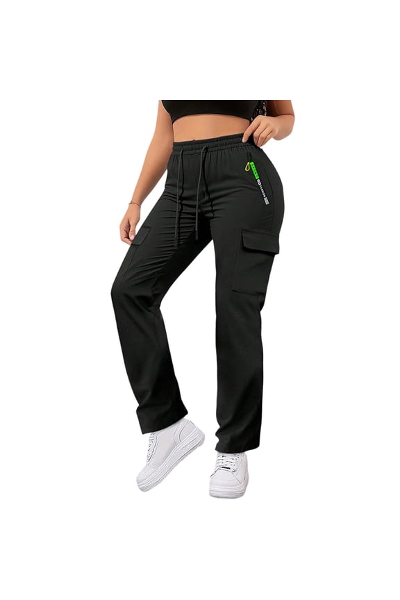 Women's Hiking Cargo Pants Lightweight Quick Dry Travel Outdoor Tapered Pants Waterproof Work Cargo Joggers with Zipper Pockets Black