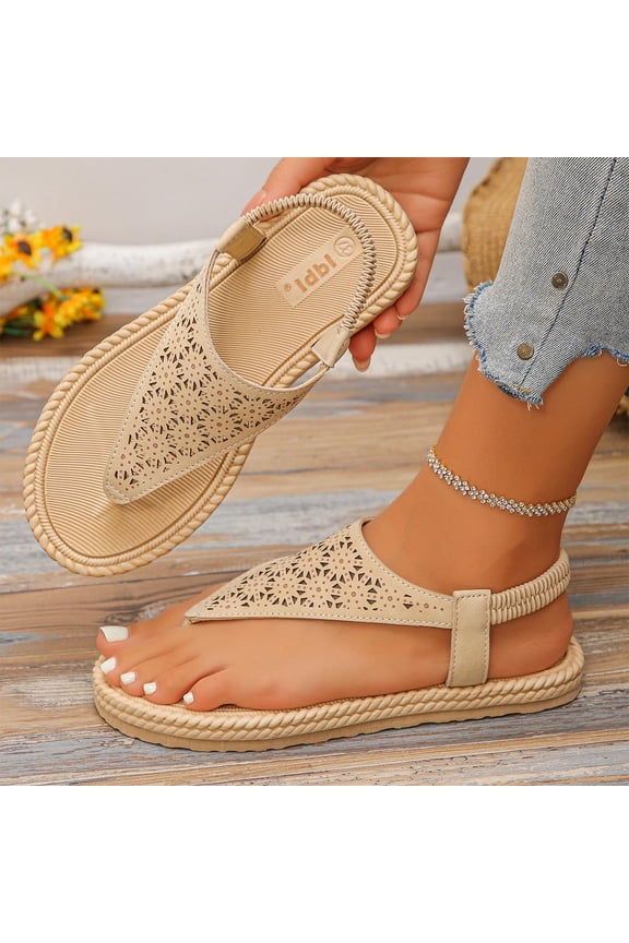 Women's Hollow Casual Wear Cute Gladiator Flat Sandals Beach Dressy T-Strap Thong Sandals Beige 6(37)