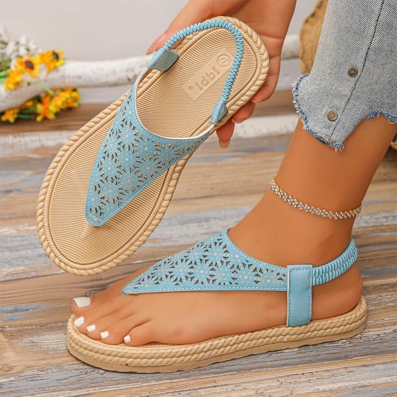Miluxas Women's Hollow Casual Wear Cute Gladiator Flat Sandals Beach Dressy T-Strap Thong Sandals Light Blue 6.5(38)