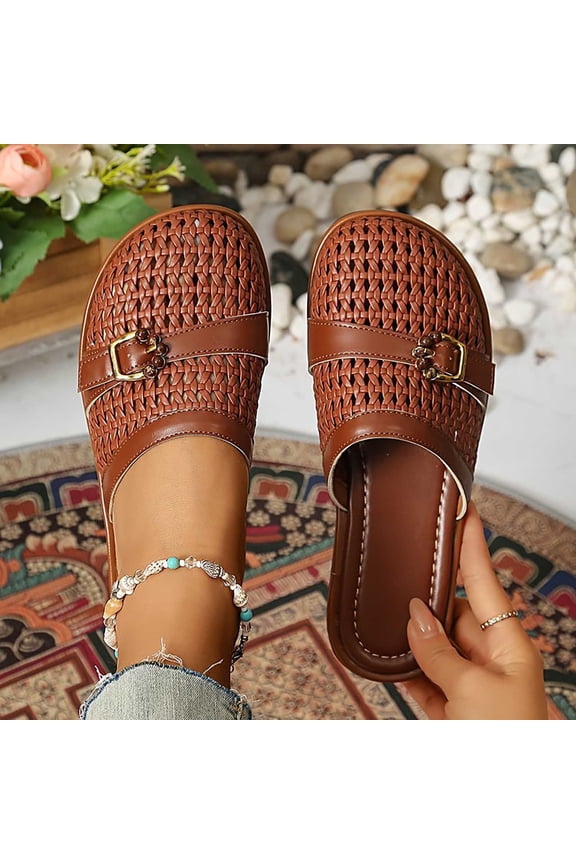 Women’s Hollow Woven Slide Sandals, Single Strap Metal Buckle Slip On Mules, Breathable Open Toe Flat Summer Shoes Brown 5.5(36)