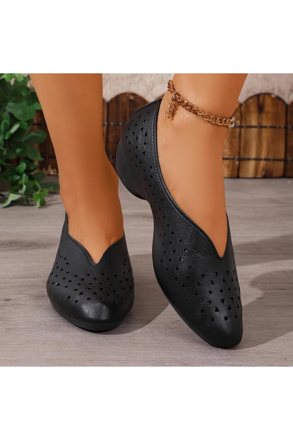 Women's Hollow-out Leather Walking Shoes Comfort Cutout Pointed Toe Heel Loafers Black 5.5(36)