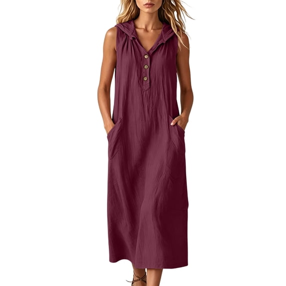 Miluxas Women's Hooded Sleeveless Maxi Dress Buttons Front Work office Casual Loose Shift Dress with Pockets Textured Summer Trendy Outfits Wine