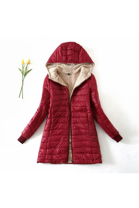 Women's Hooded Warm Winter Coat Quilted Thicken Jacket Plus Size Fleece Coats Red 12(M)