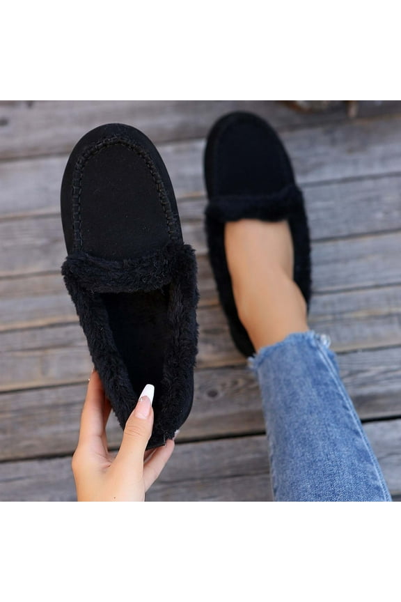 Women's House Slippers Indoor Outdoor Fuzzy Fluffy Furry Loafers Suede Leather Warm Shoes