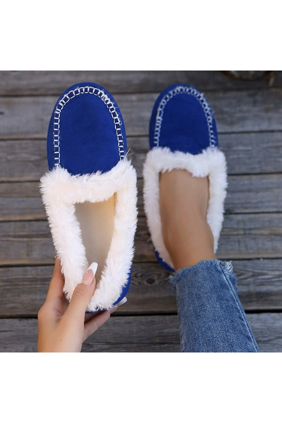 Women's House Slippers Indoor Outdoor Fuzzy Fluffy Furry Loafers Suede Leather Warm Shoes Blue 8.5(42)