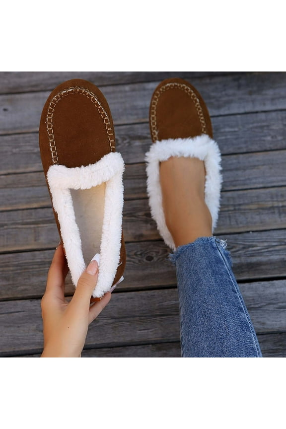 Women's House Slippers Indoor Outdoor Fuzzy Fluffy Furry Loafers Suede Leather Warm Shoes