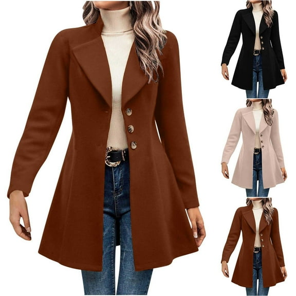 Miluxas Women's Jacket Autumn Winter Jacket Casual Solid Color Lapel Temperament Long Jacket Khaki XL(XL)