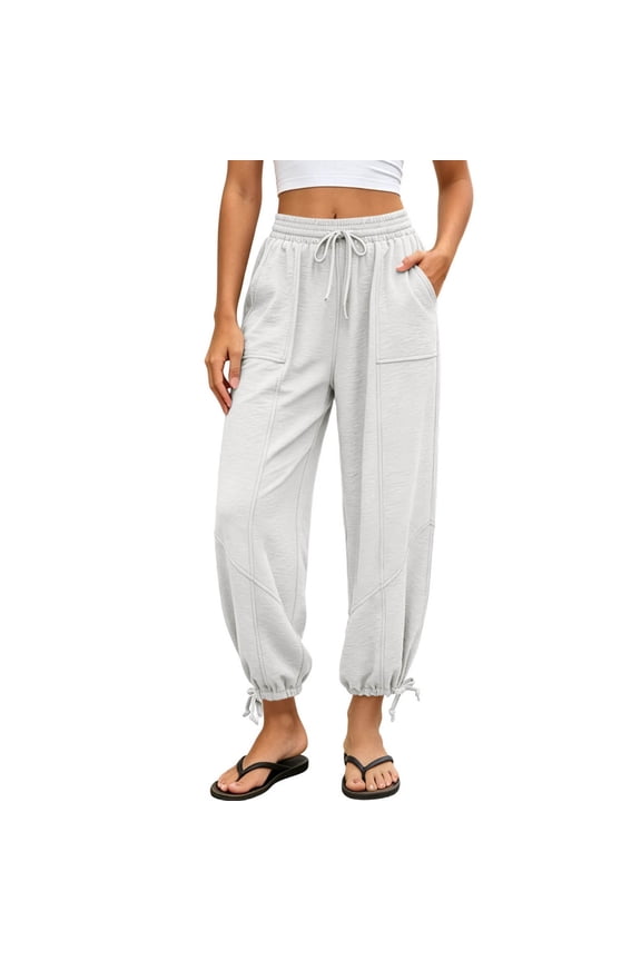 Women's Jogger Pants Summer Textured High Waist Drawstring Wide Leg Casual Tapered Trousers with Adjustable Ankle Ties & Pockets White