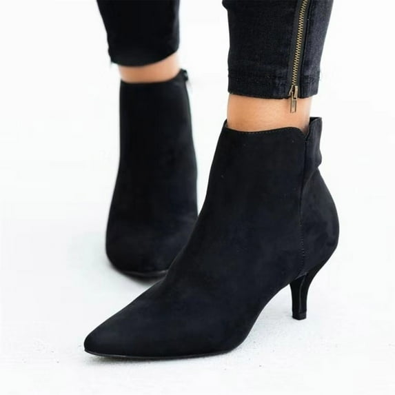 Miluxas Women's Kitten Heel Booties Pointed Toe Low Stiletto Side Zipper Fall Short Ankle Boots Shoes Black 6.5(38)