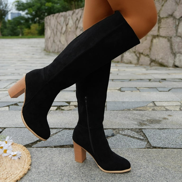 Miluxas Women's Knee High Boots Chunky High Heels Classic Suede