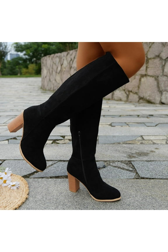Women's Knee High Boots Chunky High Heels Classic Suede Mid Calf Boots Round Toe Pull On Dressy Boot Black 7.5(40)