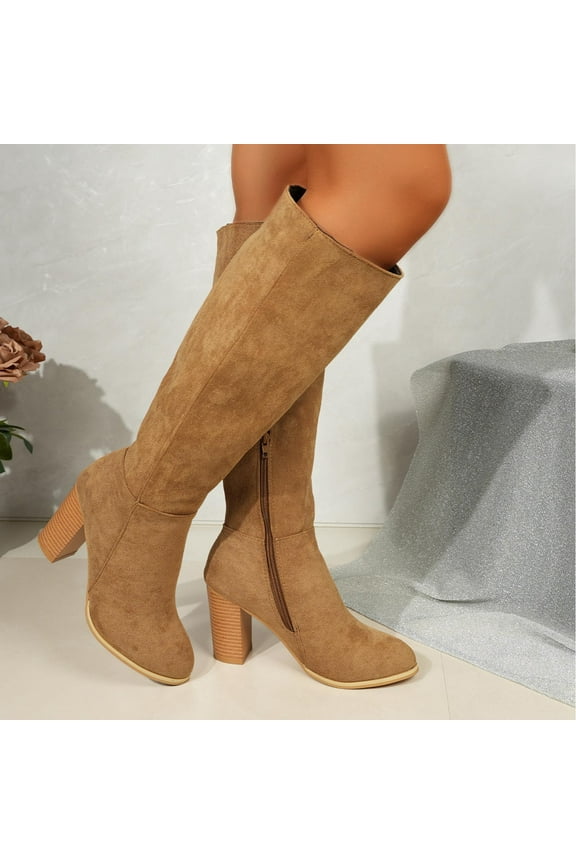 Women's Knee High Boots Chunky High Heels Classic Suede Mid Calf Boots Round Toe Pull On Dressy Boot Khaki 8.5(41)