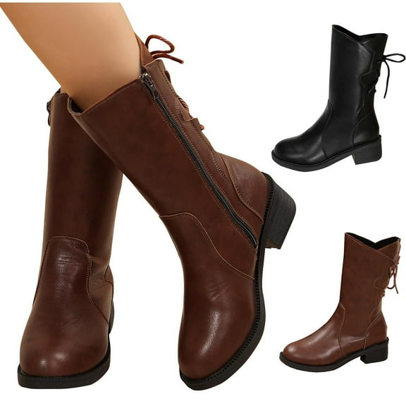 Miluxas Women's Knee High Boots Side Zipper Lug Sole Stacked Chunky Heel Boots A-Brown 9(42)